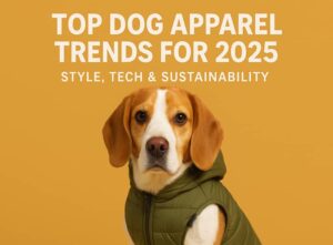 Trendy dog wearing eco-friendly jacket with vibrant city background, 2025 dog apparel fashion