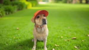 Dog in a fashionable hat enjoying the outdoors