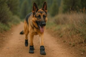 A dog wearing shoes walking on a trail